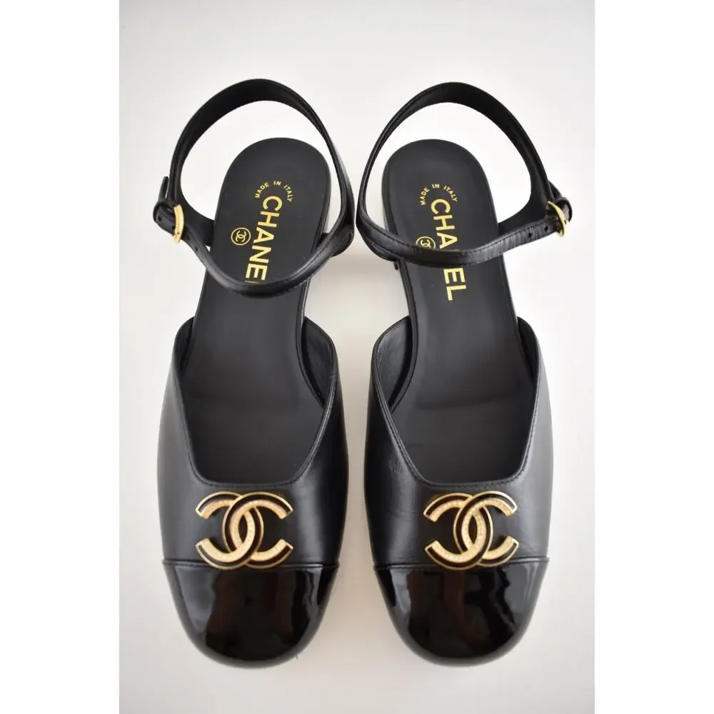 Chanel 25P Black Patent Gold CC Slingback Ankle Strap Ballerina Ballet Flat 36C